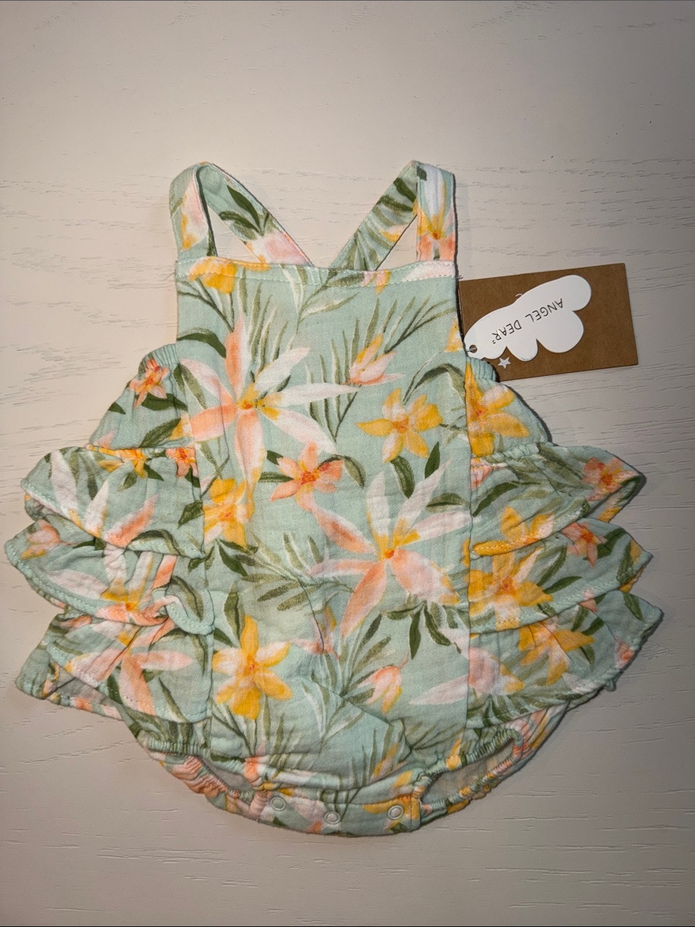 Angel Dear Mint Floral Ruffle Sunsuit Buble Romper 0-3 months